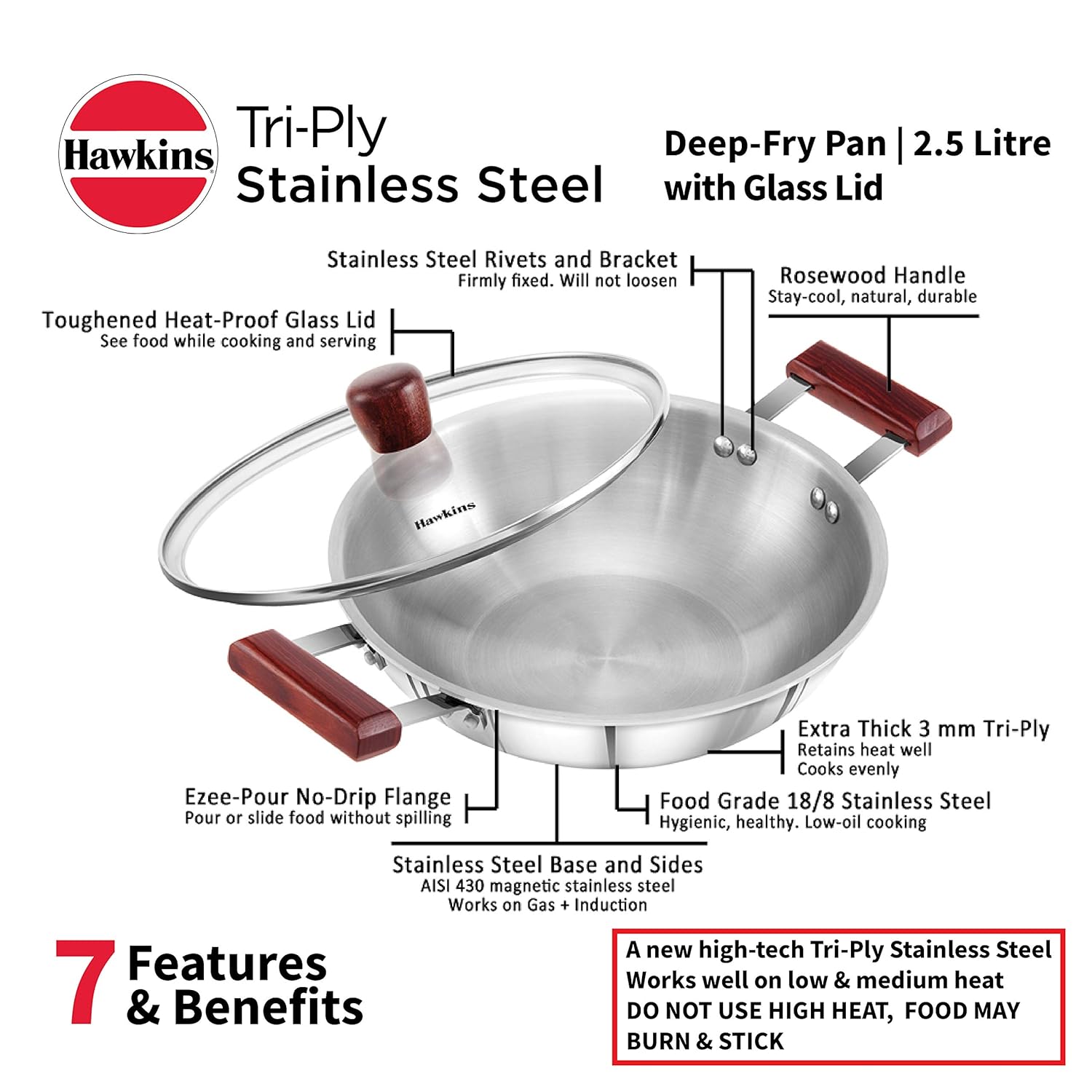 Hawkins 2.5 Liter Deep Fry Pan, Triply Stainless Steel Kadai with Glass Lid 2 Pcs 