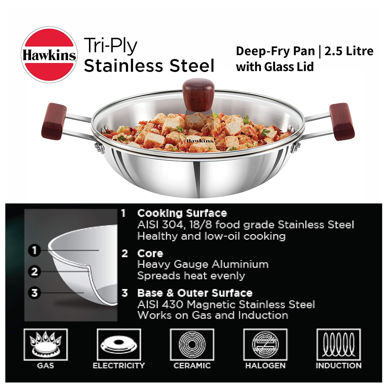 Hawkins 2.5 Liter Deep Fry Pan, Triply Stainless Steel Kadai with Glass Lid 2 Pcs 