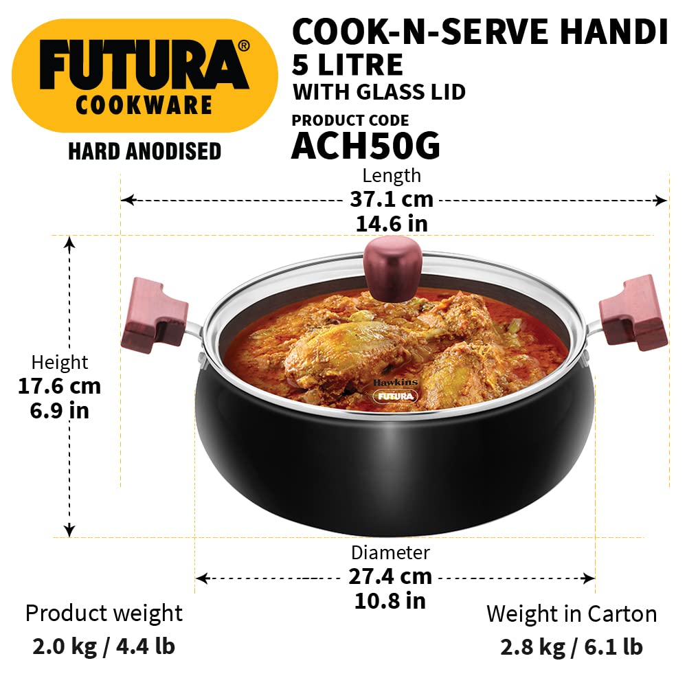 Hawkins Futura 5 Litre Cook n Serve Handi with Glass Lid Black (ACH50G) Polished