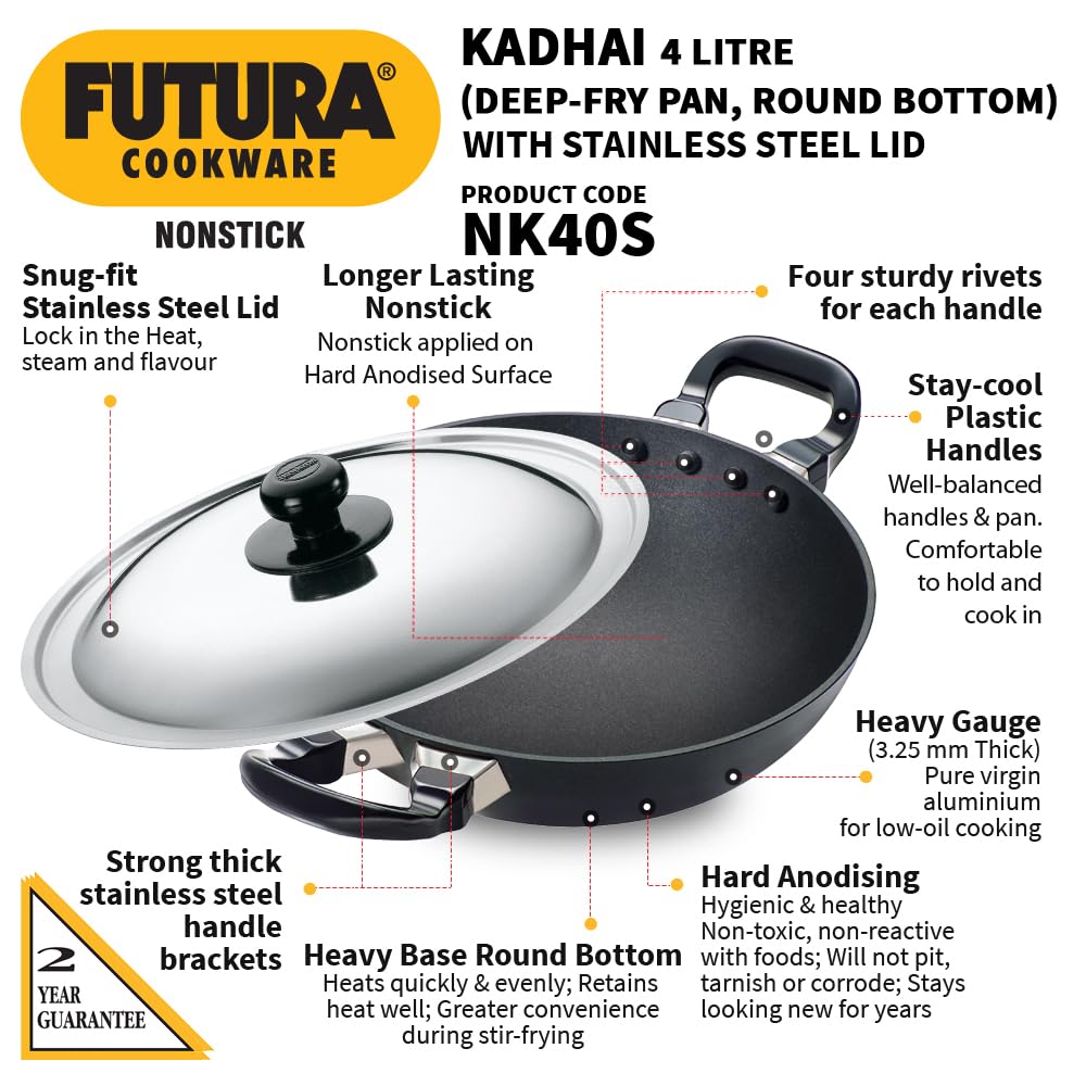 Hawkins Futura 5 Litre Deep Fry Pan , Hard Anodised Kadai with Stainless Steel 
